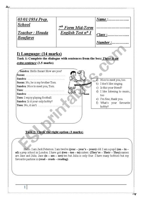 Th Form Mid Term Test N Esl Worksheet By Sweet Dreamer