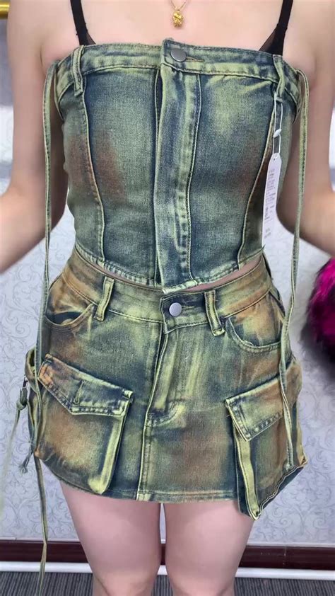 Green Tie Dye Denim Two Piece Sets Women High Quality Tube Top 2 Piece Skirt Set Women Fashion