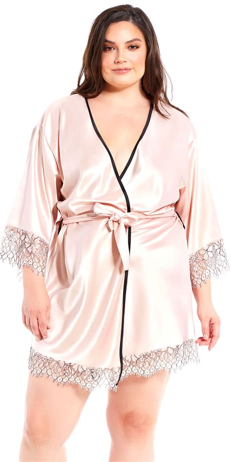 Plus Size Apricot Satin And Floral Lace Robe Sexy Womens Loungewear