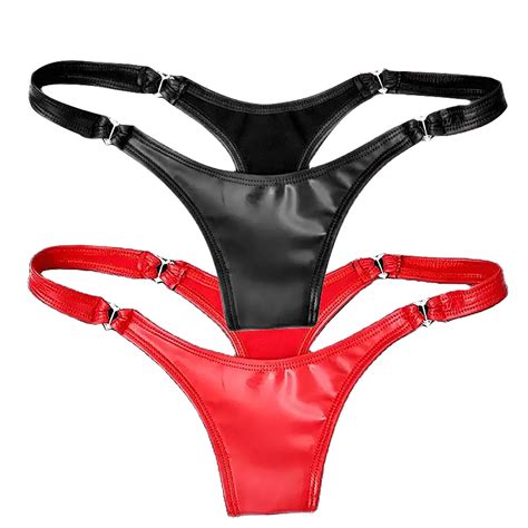 Nightclub Women S Latex Leather Thongs Adjustable Strappy Low Waist Red Black Sexy Lingerie G