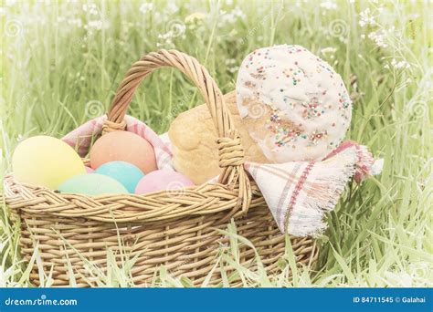 Wicker Basket With Eggs And Easter Cake Stock Image Image Of