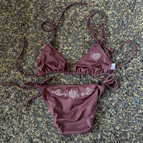 Y2k Hula Honey Brown Tribal Heart String Bikini Top Depop