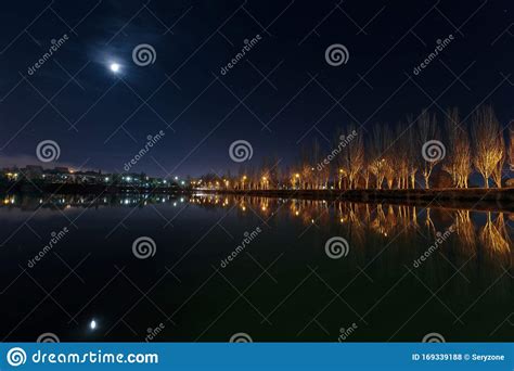 Dark City Landscape of Lake and Moon Stock Photo - Image of nature, blackout: 169339188