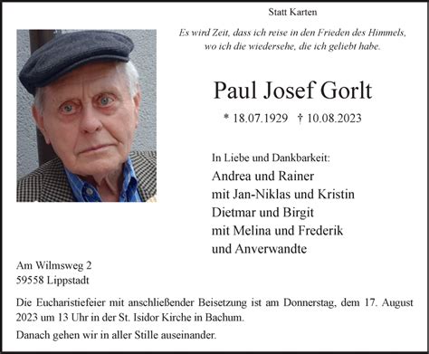 Traueranzeigen Von Paul Josef Gorlt Trauer In NRW De