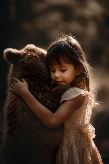 Premium AI Image | A little kid hug with big brown bear illustration