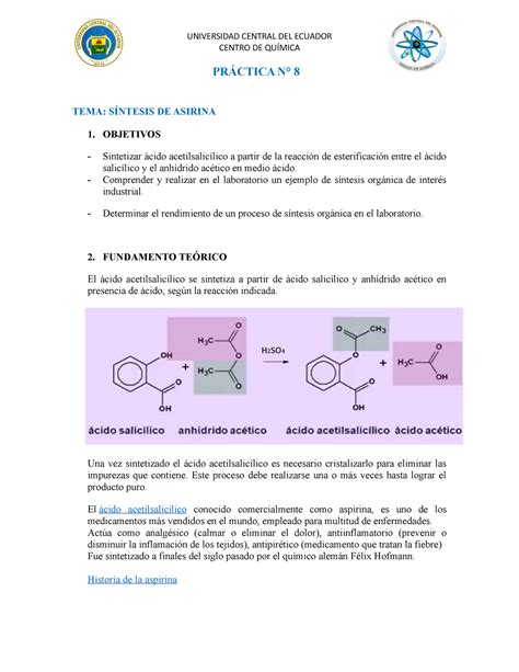 Síntesis de la aspirina CENTRO DE QUÍMICA PRÁCTICA N 8 TEMA