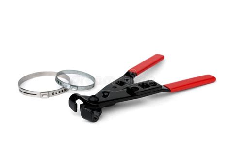 Red Pliers For Steel Belt Clamps Isolated On White Background Stock