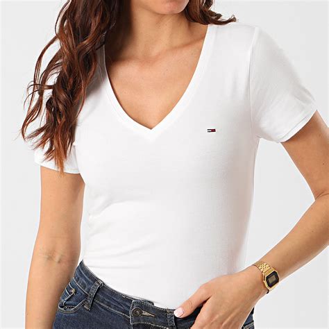 Tommy Hilfiger Tee Shirt Col V Femme Stretch Blanc