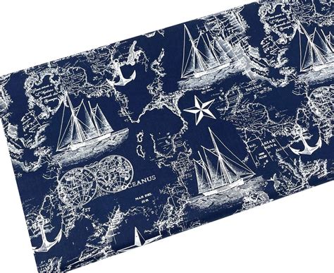 Navy Nautical Map Fabric Ships And Stars Fabric By The Yard Fat