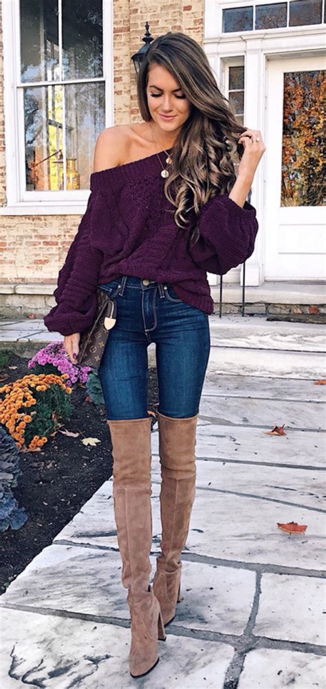 Winter Outfits Purple Off Shoulder Long Sleeved Shirt Blue Denim