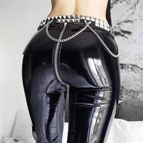 Women Pu Leather Pants Sexy Hip Push Up Pants Zip Up Shiny Skinny