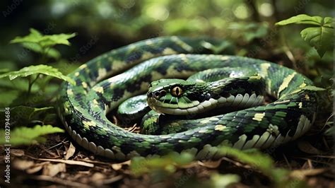 Snake In A Dense Forest A Sinuous Snake Slithers Gracefully Across