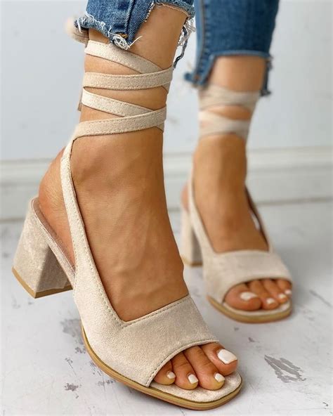 Peep Toe Bandage Lace Up Slingback Chunky Heels In Heels Peep