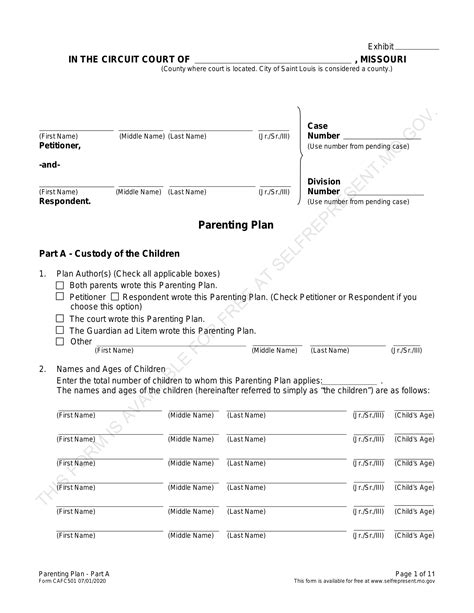 Missouri Parenting Plan Fillable Form Printable Forms Free Online