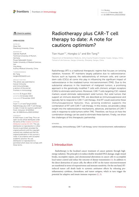 Pdf Radiotherapy Plus Car T Cell Therapy To Date A Note For Cautions