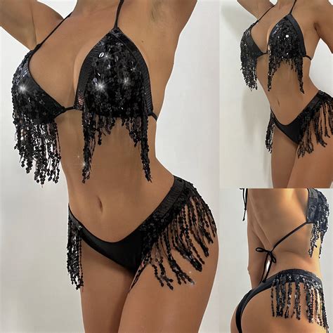 Wholesale Sexy Swimwear Women Black Sequins Fringe Bikini Prom Party Performance Swimwear