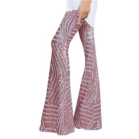 Kjiuq Womens High Waist Sequin Sparkle Flared Pants Wide Leg Bell