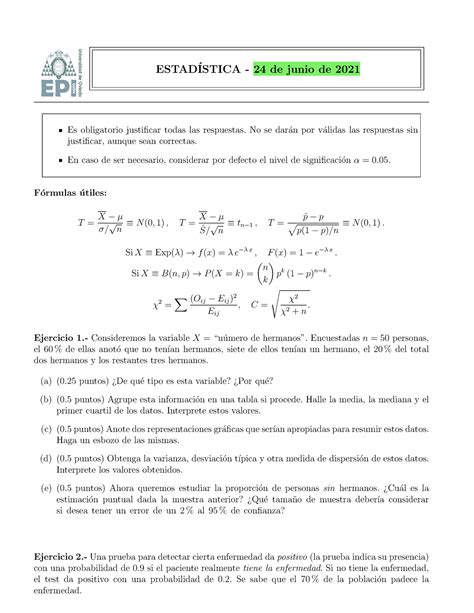 Extraordinaria Examen Estad Stica Epi Universidad De Oviedo