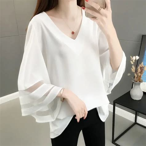 Blusa De Gasa Blanca Para Mujer Top Holgado Con Mangas Acampanadas