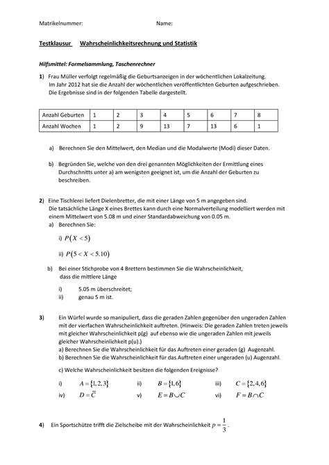 Probeklausur 2 Testklausur Wahrscheinlichkeitsrechnung Und