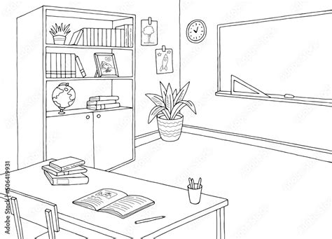 Classroom graphic black white interior sketch illustration vector Stock ...