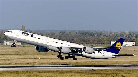 Lufthansa Airbus A340 600 takeoff at Düsseldorf Airport YouTube