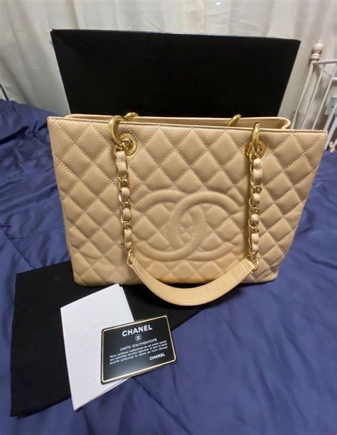 Chanel Gst Beige Caviar Leather With Ghw Womens Fashion Bags