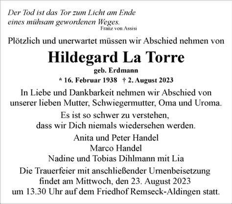 Traueranzeigen Von Hildegard La Torre Stuttgart Gedenkt De