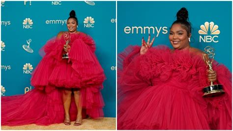 Lizzo Wins Big At The Emmy Awards In A Jaw Dropping Red Hot Gown With A Long Train Watch