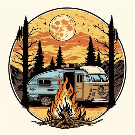 Premium AI Image A Close Up Of A Camper Van With A Campfire In Front