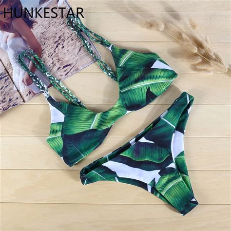 Green Palm Leaf Print Bikini Sexy Thong Green Leaves Bikini Set Micro