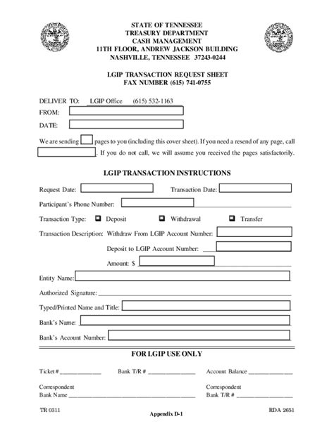 Fillable Online Treasury Tn LGIP Fax Instruction Sheet LGIP Fax