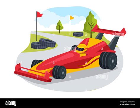 Formula Racing Sport Car Reach on Race Circuit the Finish Line Cartoon Illustration to Win the ...