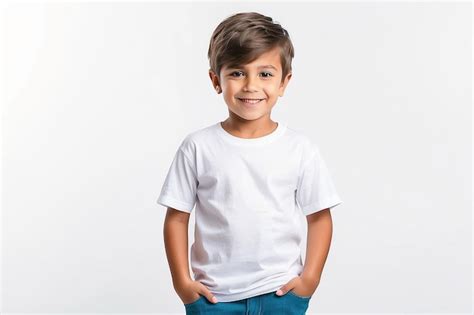 Camiseta blanca en un niño lindo aislado sobre un fondo blanco Foto