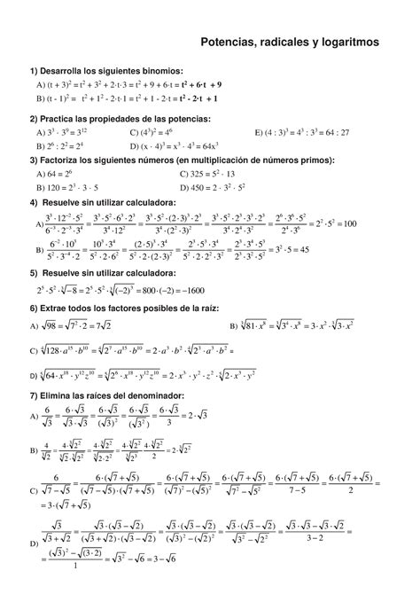 Resueltos Potencias Radicales Y Logaritmos Colegio La Inmaculada