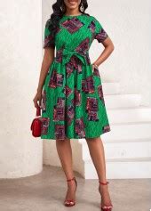 Rotita Pocket African Tribal Print Green Belted Round Neck Dress