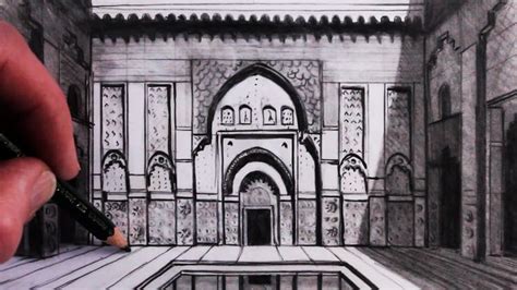 a drawing of a building with a pool in the middle and a person holding a pencil