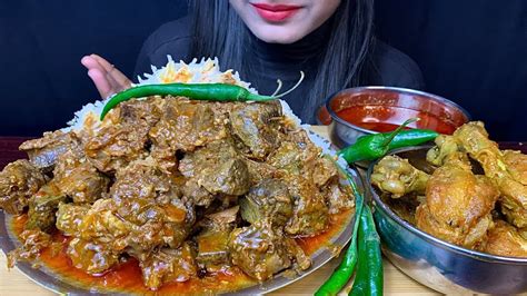 Asmr Eating Spicy Mutton Liver Curry Chicken Leg Curry Green Chilli