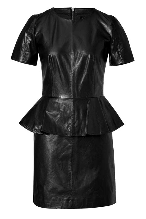 Mcq Alexander Mcqueen Black Leather Peplum Short Sleeve Dress Avenuesixty