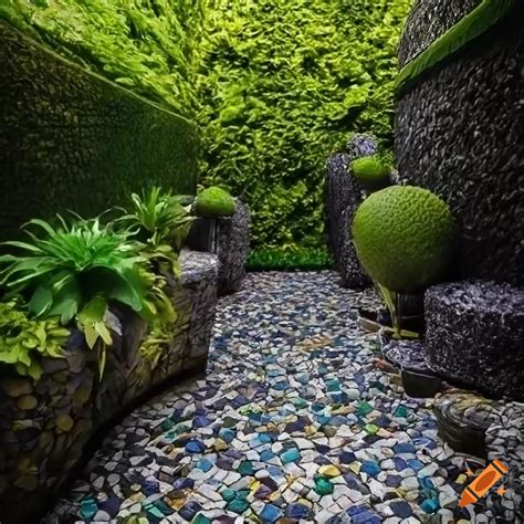 Alternating Dark And Light Interwoven Mosaics Garden With Decorative