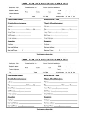 Fillable Online ENROLLMENT APPLICATION 2014 2015 SCHOOL YEAR