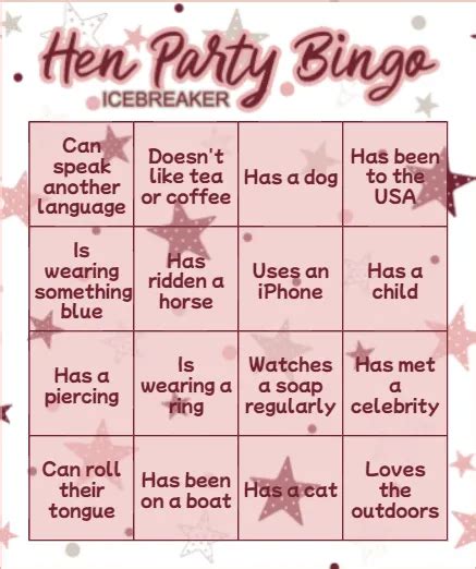 Icebreaker Bingo For Your Hen Do Free And Printable