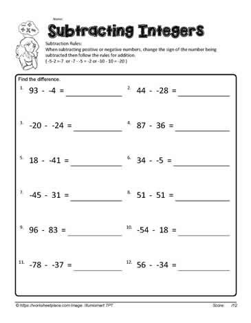 Subtracting Integers Worksheets