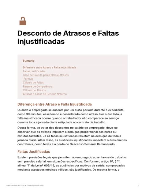 Falta Justificada Desconta Do Salário - Desconto de Atrasos e Faltas Injustificadas | PDF | Salário | Férias ...