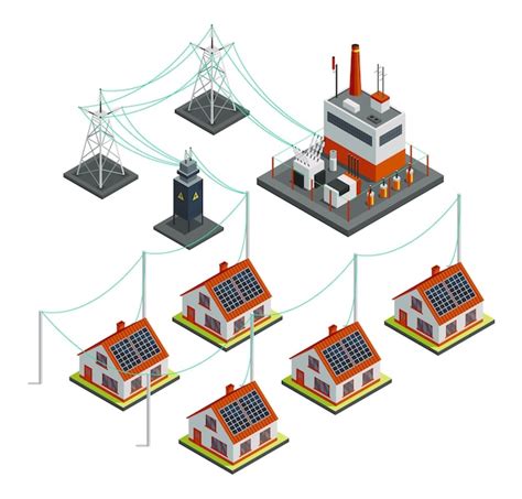 Red Eléctrica De Energía Isométrica Distribución De Energía Con Viento