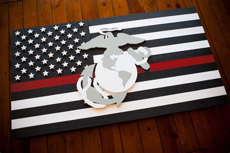 Thin Red Line Marines Wood Flag Patriot Wood