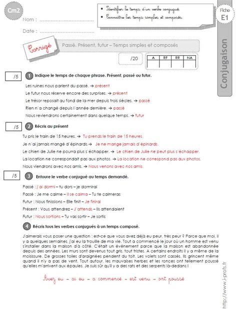 CM2 EVALUATION CONJUGAISON corrigées Passé Présent Futur temps