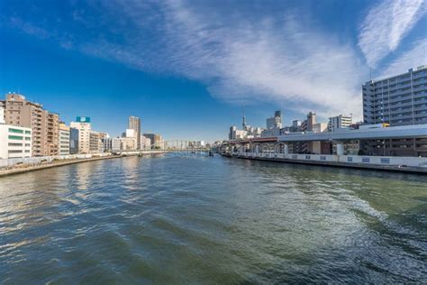 Wide Angle View Of Sumida River Sumidagawa From Ryogoku Bridge