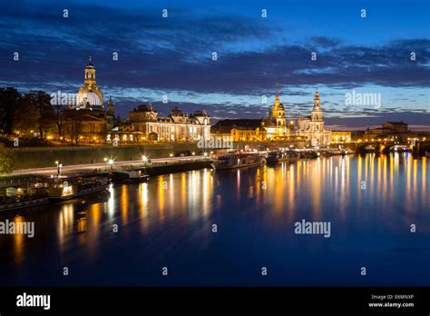 Cityscape at night with Frauenkirche church, Dresden Cathedral and ...