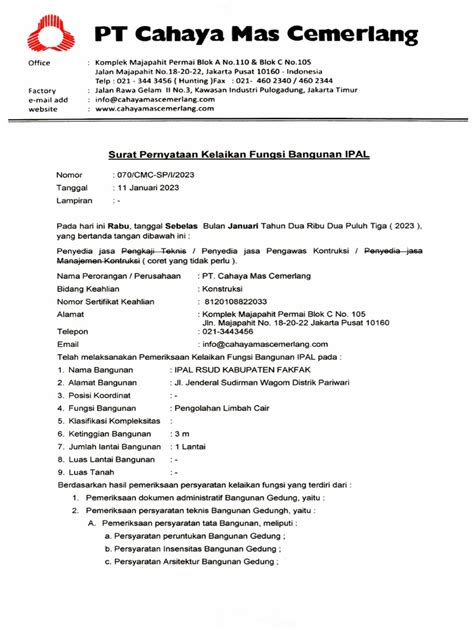 Surat Pernyataan Kelaikan Fungsi | PDF